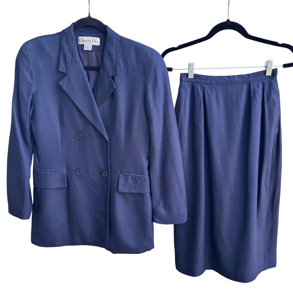 Christian Dior Vintage 80s 90s Old Money Double Breasted Plaid Skirt Suit Navy 4